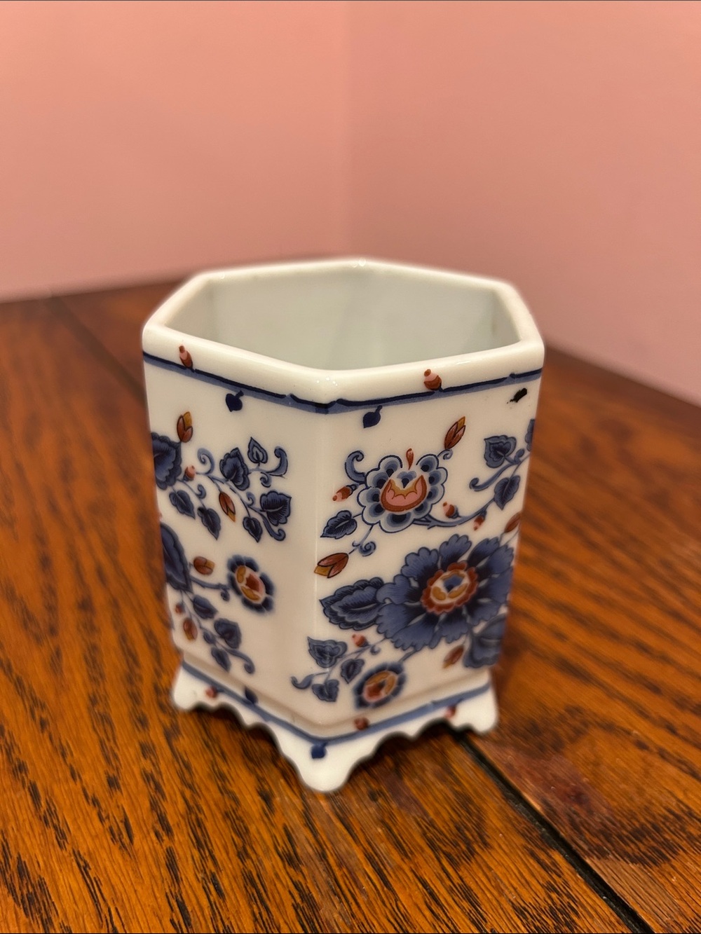 Estee Lauder 1979 Blue and White Floral Porcelain Hexagonal Vase/Brush Holder